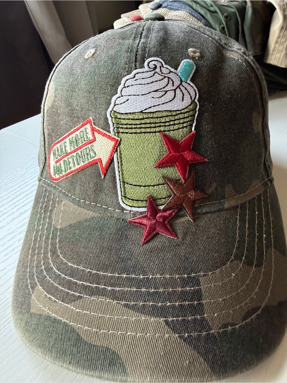 Distressed Camo Baseball Cap Frappe Make More Detours OS Adjustable Velcro Back